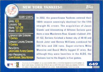2003 Topps #649 New York Yankees Back