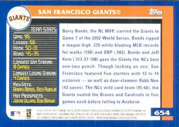 2003 Topps #654 San Francisco Giants Back