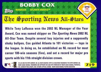 2003 Topps #719 Bobby Cox Back