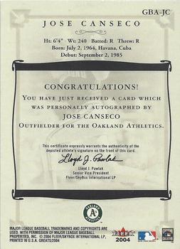 2004 Fleer Greats of the Game - Autographs #GBA-JC Jose Canseco Back