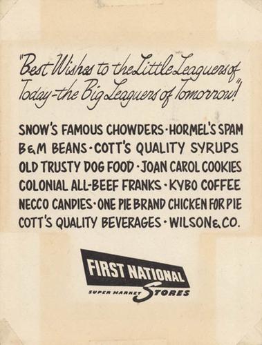 1953 First National Supermarket Boston Red Sox #NNO Sammy White Back