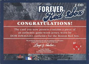 2004 Fleer Greats of the Game - Forever Game Jersey Number #F-DD Dom DiMaggio Back