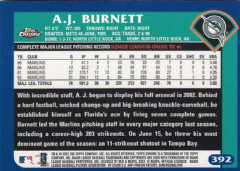 2003 Topps Chrome #392 A.J. Burnett Back