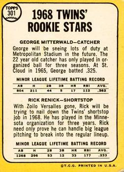 2017 Topps Heritage - 50th Anniversary Buybacks #301 Twins 1968 Rookie Stars - Mitterwald / Renick Back