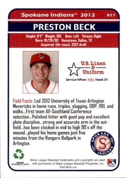 2012 Grandstand Spokane Indians #NNO Preston Beck Back