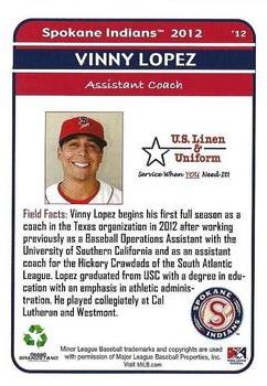 2012 Grandstand Spokane Indians #NNO Vinny Lopez Back