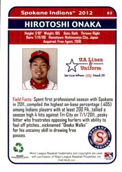 2012 Grandstand Spokane Indians #NNO Hirotoshi Onaka Back