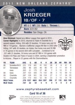 2011 MultiAd New Orleans Zephyrs #16 Josh Kroeger Back