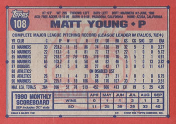 1991 Topps #108 Matt Young Back