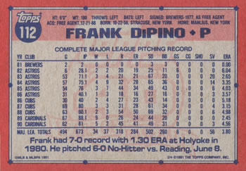1991 Topps #112 Frank DiPino Back