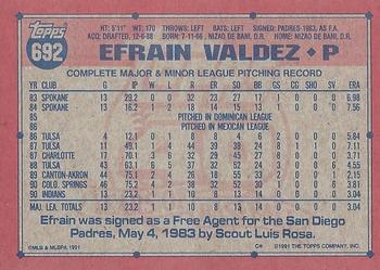 1991 Topps #692 Efrain Valdez Back