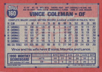 1991 Topps #160 Vince Coleman Back