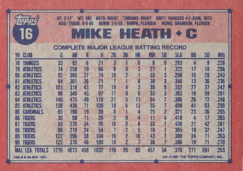 1991 Topps #16 Mike Heath Back