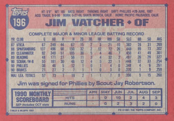 1991 Topps #196 Jim Vatcher Back