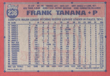 1991 Topps #236 Frank Tanana Back