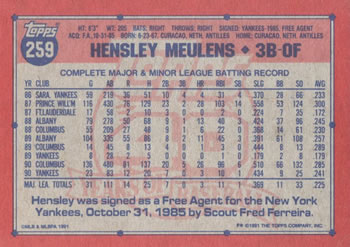 1991 Topps #259 Hensley Meulens Back