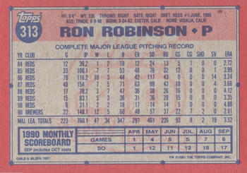 1991 Topps #313 Ron Robinson Back