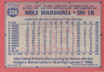 1991 Topps #356 Mike Marshall Back