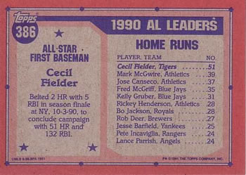 1991 Topps #386 Cecil Fielder Back