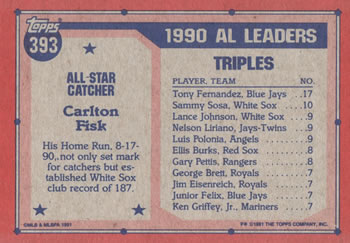 1991 Topps #393 Carlton Fisk Back