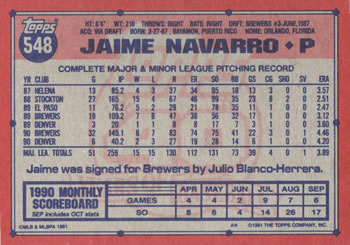 1991 Topps #548 Jaime Navarro Back
