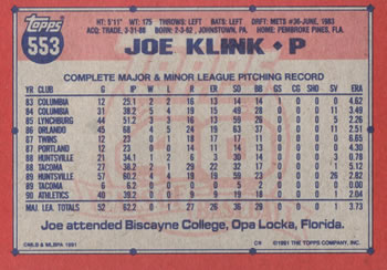 1991 Topps #553 Joe Klink Back