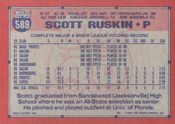 1991 Topps #589 Scott Ruskin Back
