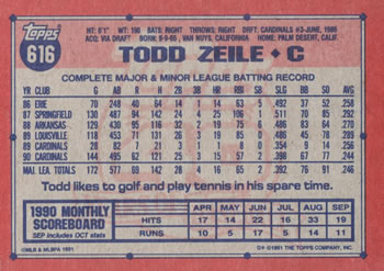 1991 Topps #616 Todd Zeile Back