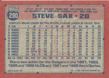 1991 Topps #290 Steve Sax Back
