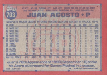 1991 Topps #703 Juan Agosto Back