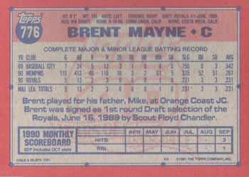 1991 Topps #776 Brent Mayne Back