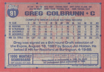 1991 Topps #91 Greg Colbrunn Back