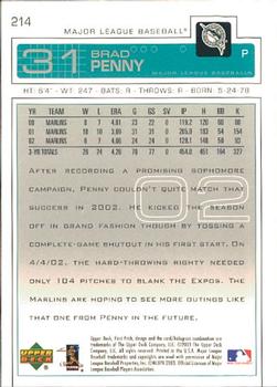 2003 Upper Deck First Pitch #214 Brad Penny Back