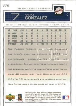 2003 Upper Deck First Pitch #229 Wiki Gonzalez Back