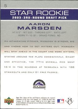 2003 Upper Deck Prospect Premieres #5 Aaron Marsden Back