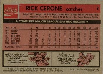 1981 Topps Coca-Cola New York Yankees Promo #3 Rick Cerone Back