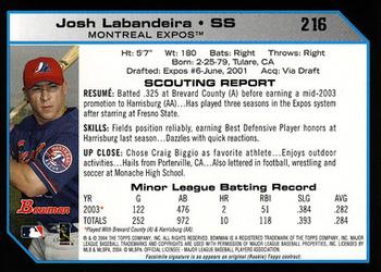 2004 Bowman #216 Josh Labandeira Back
