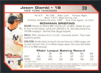 2004 Bowman #39 Jason Giambi Back