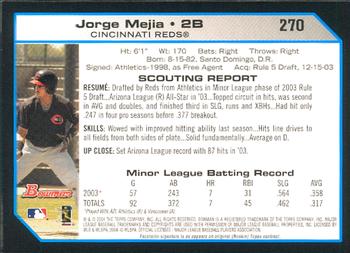 2004 Bowman #270 Jorge Mejia Back