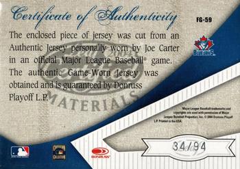 2004 Leaf Certified Materials - Fabric of the Game Jersey Year #FG-59 Joe Carter Back
