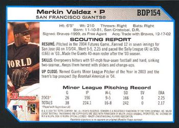 2004 Bowman Draft Picks & Prospects #BDP154 Merkin Valdez Back
