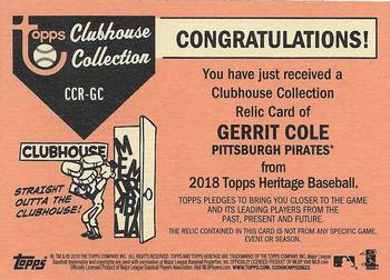 2018 Topps Heritage - Clubhouse Collection Relics #CCR-GC Gerrit Cole Back