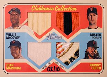 2018 Topps Heritage - Clubhouse Collection Quad Relics #CCQR-MPBC Willie McCovey / Buster Posey / Juan Marichal / Johnny Cueto Front
