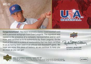 2008 Upper Deck USA Baseball Box Set - Bound for Beijing II Signature Patch #WC-12 Evan Longoria Back