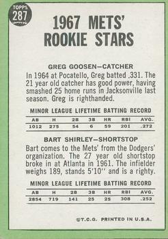 2016 Topps Heritage - 50th Anniversary Buybacks #287 Mets 1967 Rookie Stars (Greg Goossen / Bart Shirley) Back