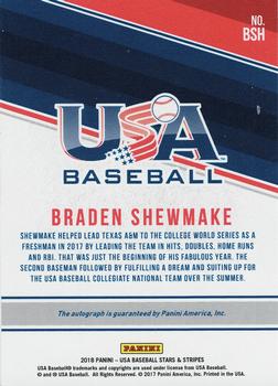 2018 Panini USA Baseball Stars & Stripes - CNT Signatures Green Ink #BSH Braden Shewmake Back
