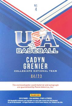 2018 Panini USA Baseball Stars & Stripes - USA BB Silhouettes Signatures Jerseys Prime #4 Cadyn Grenier Back