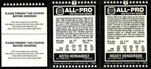 1987 Burger King All-Pro - Panels #9-10 Rickey Henderson / Keith Hernandez Back