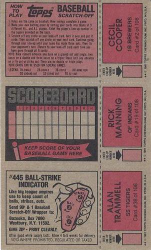 1981 Topps Scratch-Offs - Panels #2 / 19 / 38 Cecil Cooper / Rick Manning / Alan Trammell Back