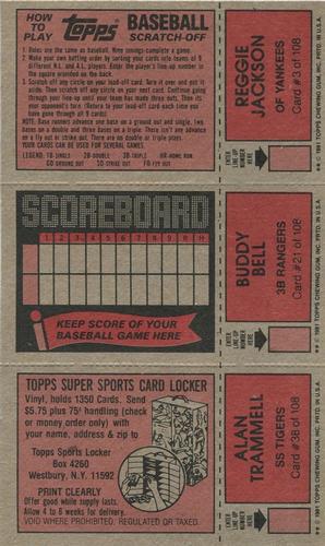 1981 Topps Scratch-Offs - Panels #3 / 21 / 38 Reggie Jackson / Buddy Bell / Alan Trammell Back